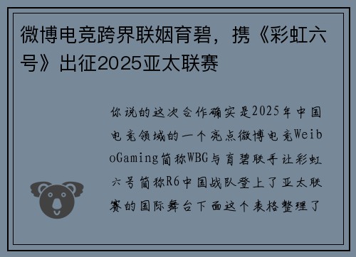 微博电竞跨界联姻育碧，携《彩虹六号》出征2025亚太联赛